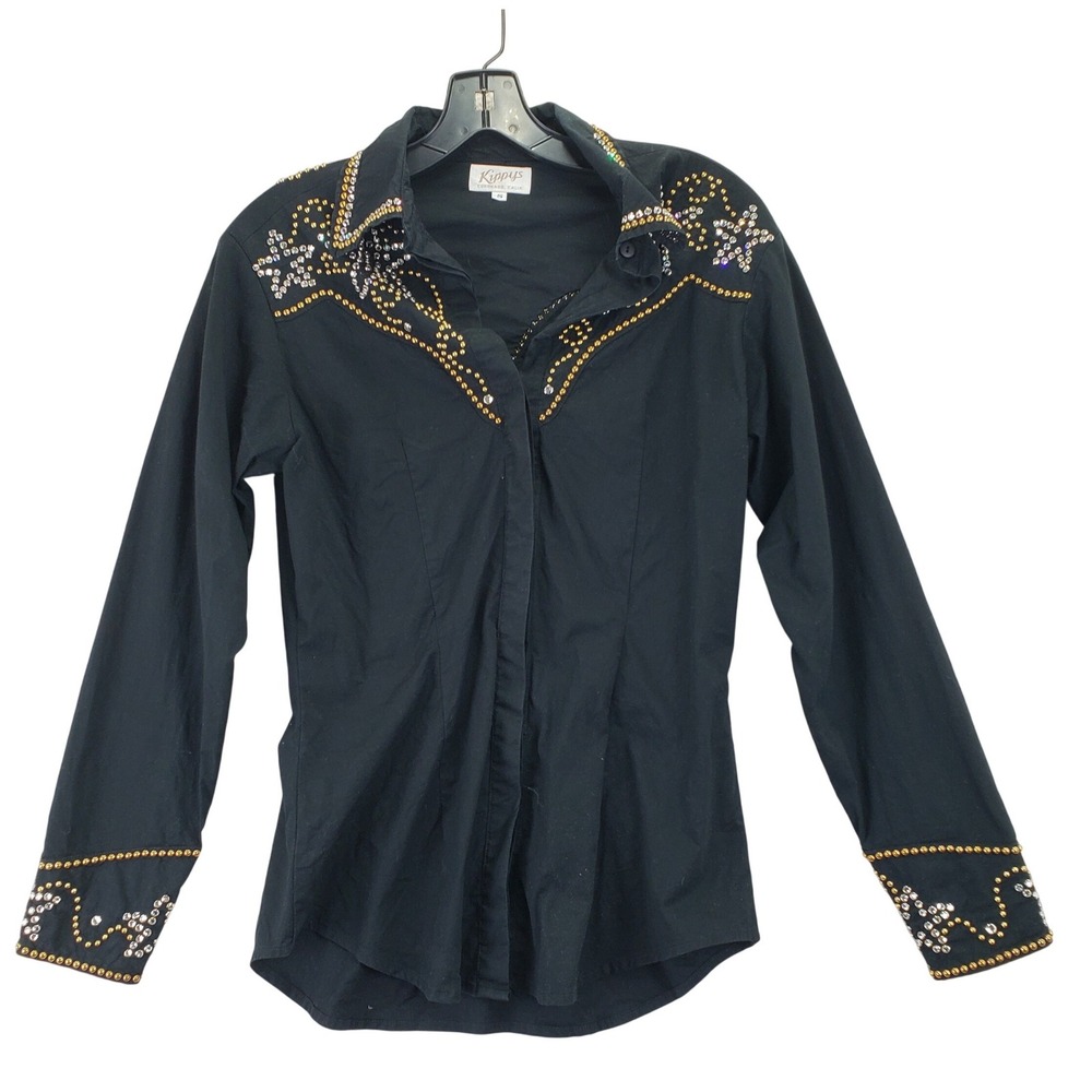 Vintage Kippys Western Shirt Womens S Black Rhinestone Studded Rodeo Made in USA
